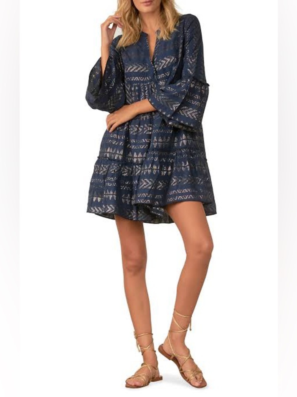 Elan Metallic Gold Bell Sleeves Mini Dress size large